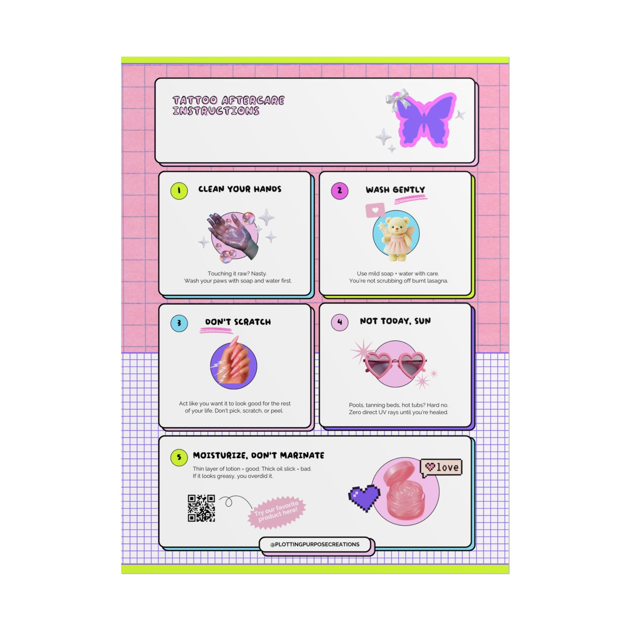 Tattoo Aftercare Instructions Poster, Glimmer & Shine Edition