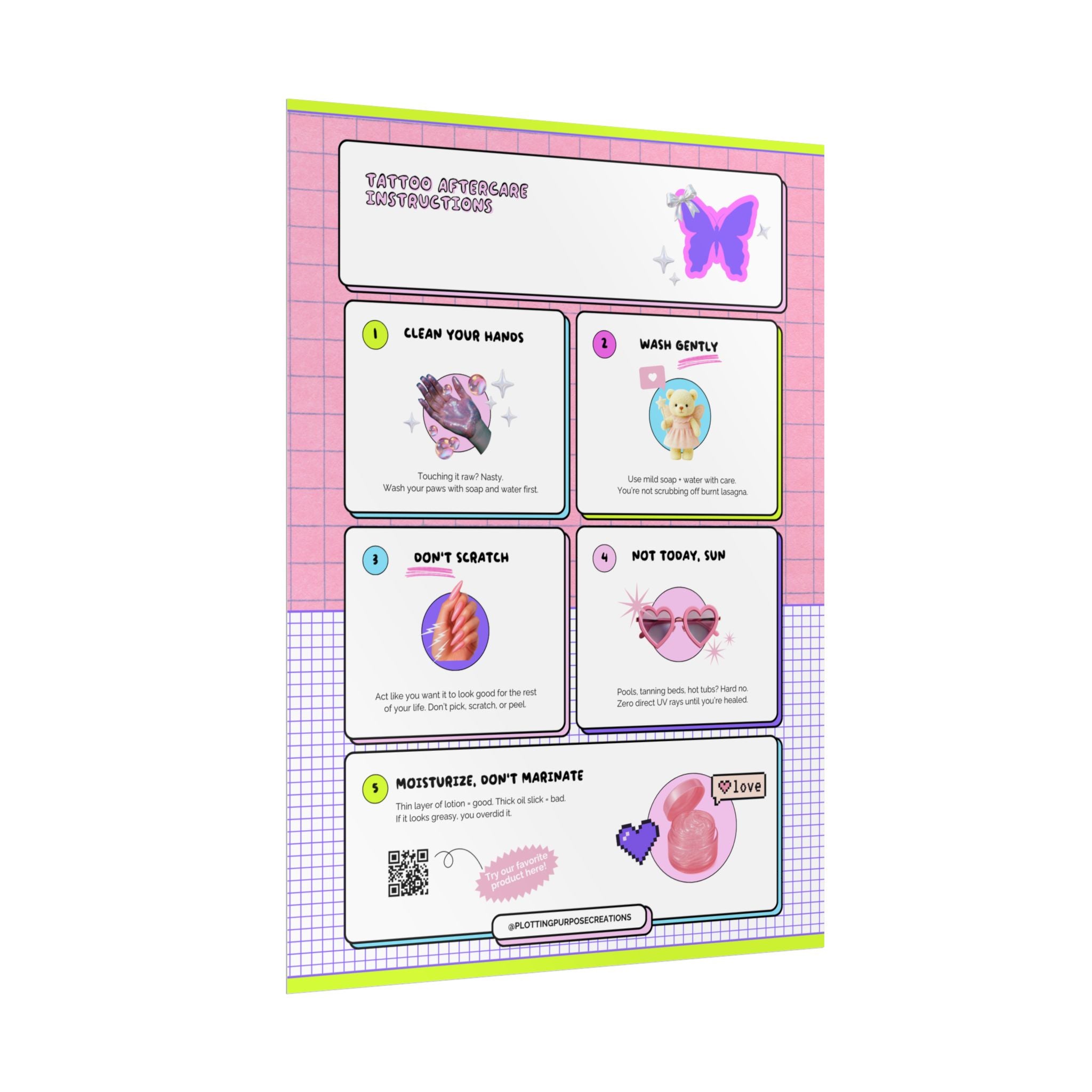 Tattoo Aftercare Instructions Poster, Glimmer & Shine Edition