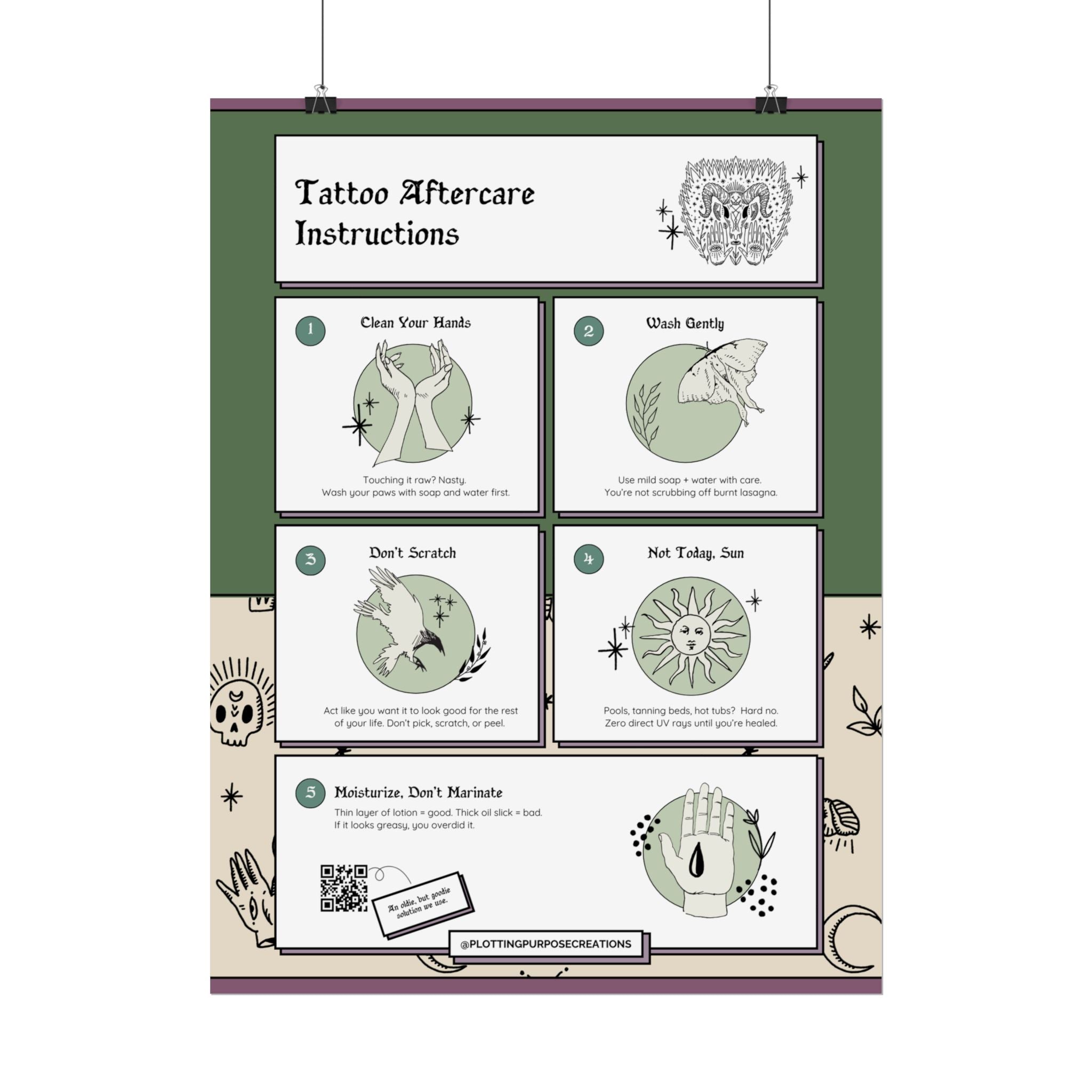 Tattoo Aftercare Instructions Poster, Thistle & Spine Edition