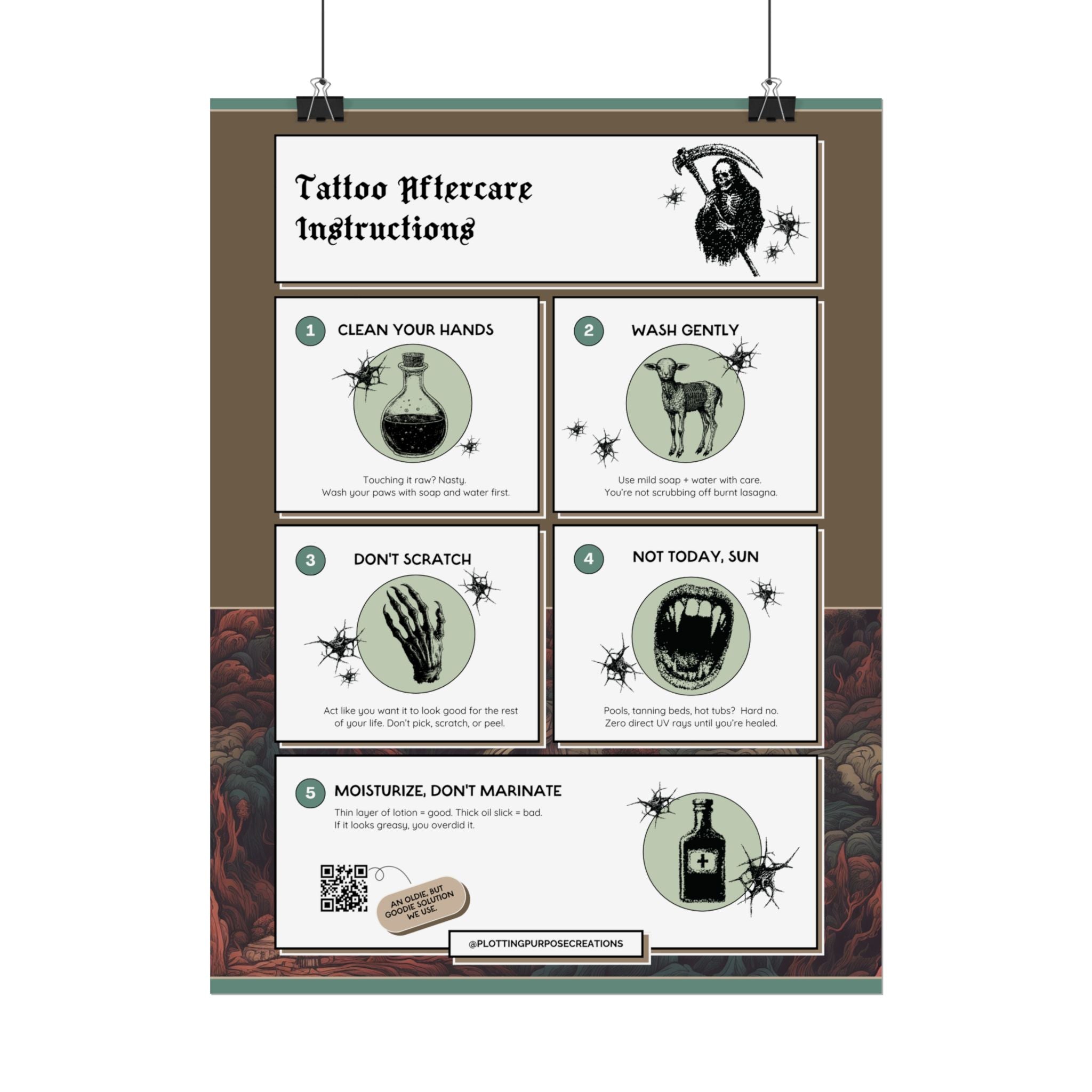 Tattoo Aftercare Instructions Poster, Dragonhelm Edition