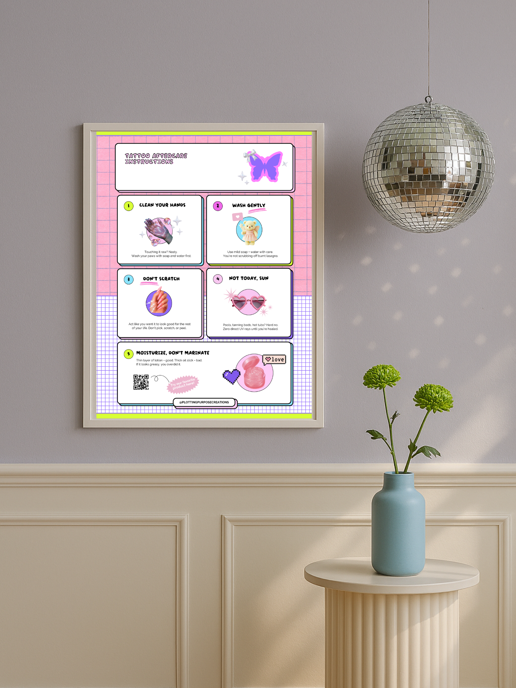 Tattoo Aftercare Instructions Poster, Glimmer & Shine Edition